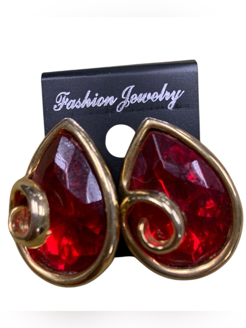 Fashion Jewelry Gold-Tone Red Teardrop Swirl Earrings